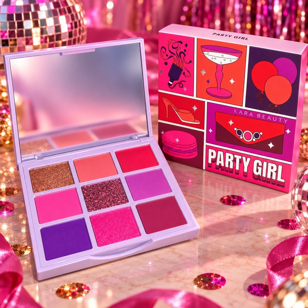 Kara Beauty Party Girl Creative Beauty Palette 9 Shades Pink Purple Glitter NEW
